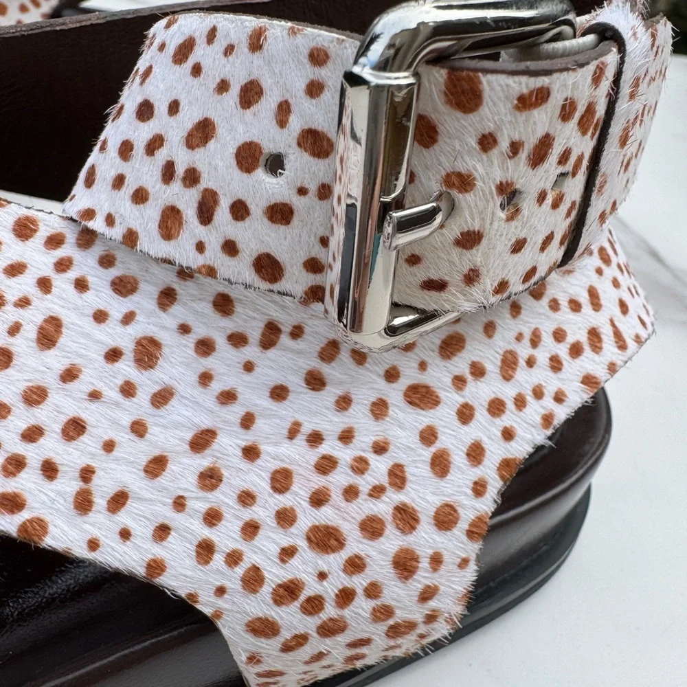 Jeffrey Campbell HVAR Cow Hair Sandals Brown Cream Toe Ring Buckle 7